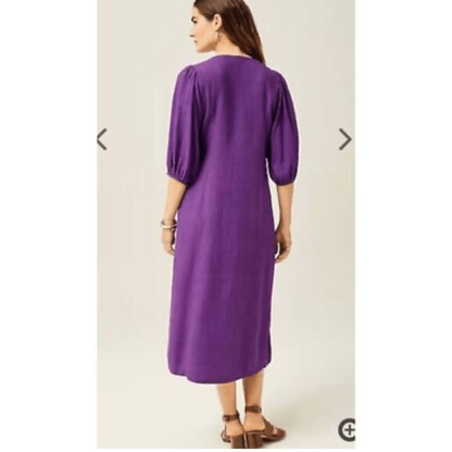 J.Jill Purple Button Front Linen Blend Midi Dress Puff Sleeve Size Large