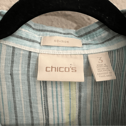 Chicos No Iron Striped 100% Linen Button Front Top Shirt Teal Blue White Size XL