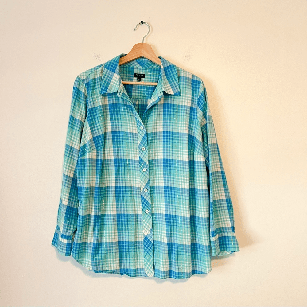 Talbots Cotton Button Front Shirt - Ornament Plaid Metallic in Blue Size 1X
