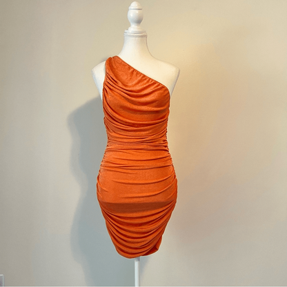 Princess Polly Lioness Orange The Goddess Mini One Shoulder Ruched Dress Small