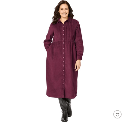 Woman Within Button Front Corduroy Midi Dress Size 16W Petite Purple Long Sleeve