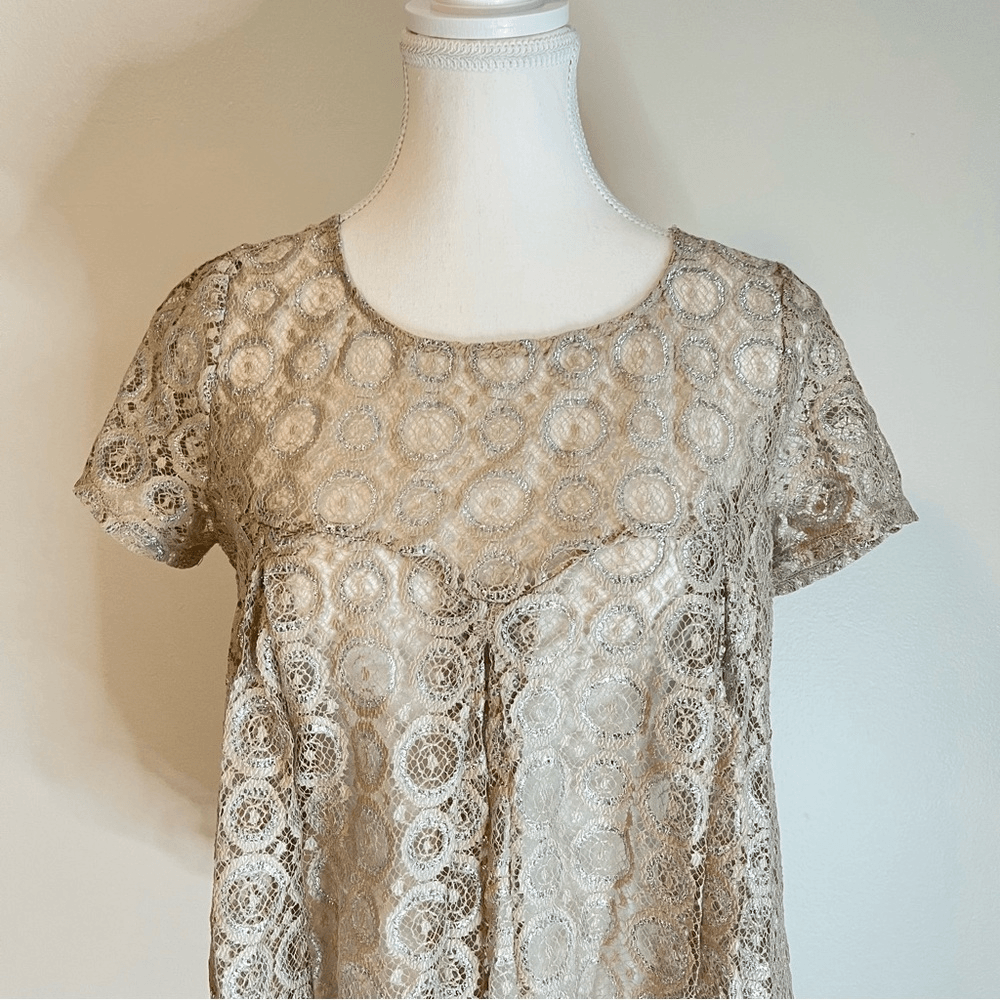 Anthropologie Akemi & Kim Metallic Lace Blouse Size Small Short Sleeve
