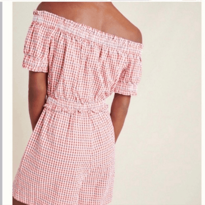 Anthropologie Gingham Off the Shoulder Seersucker Romper Size Medium