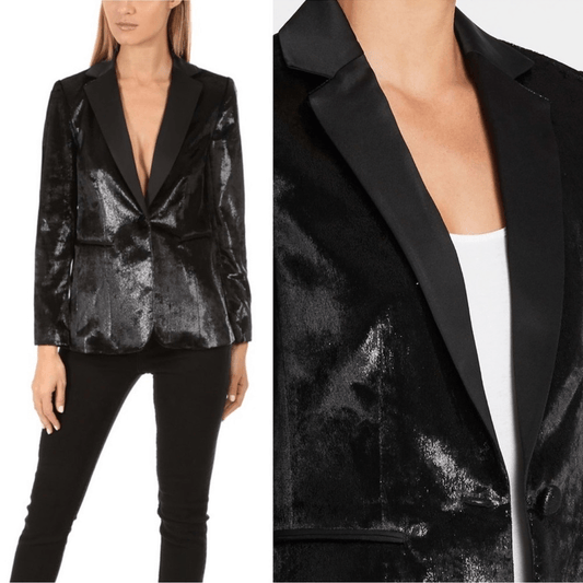 FRAME Black Metallic Velvet Satin Blazer Jacket Size 2 Party Cocktail