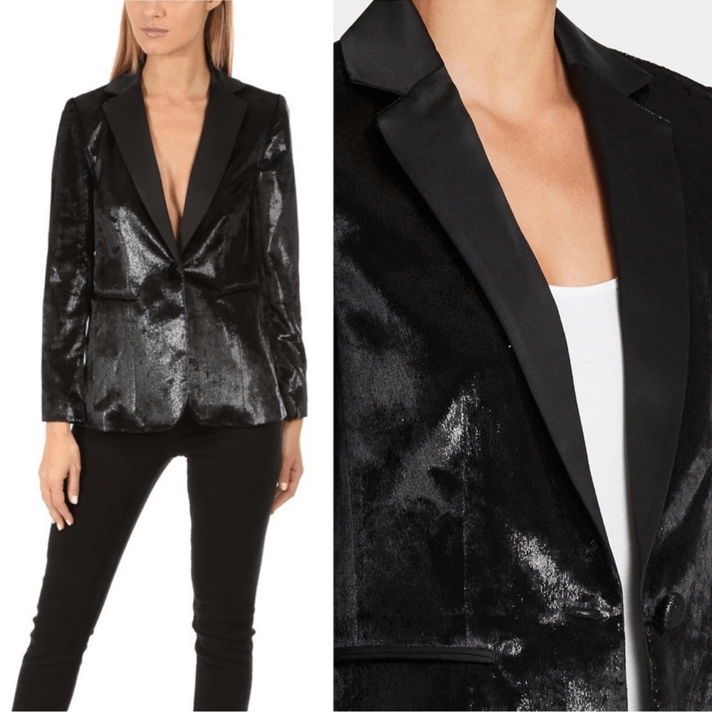FRAME Black Metallic Velvet Satin Blazer Jacket Size 2 Party Cocktail