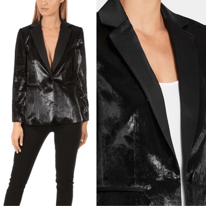 FRAME Black Metallic Velvet Satin Blazer Jacket Size 2 Party Cocktail