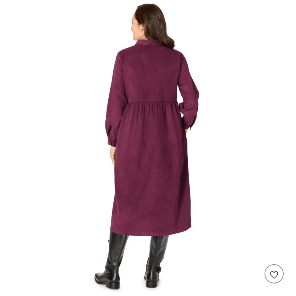 Woman Within Button Front Corduroy Midi Dress Size 16W Petite Purple Long Sleeve