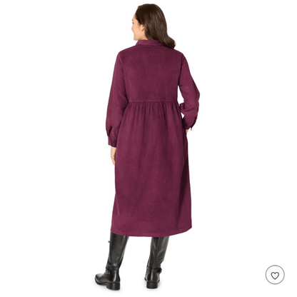 Woman Within Button Front Corduroy Midi Dress Size 16W Petite Purple Long Sleeve