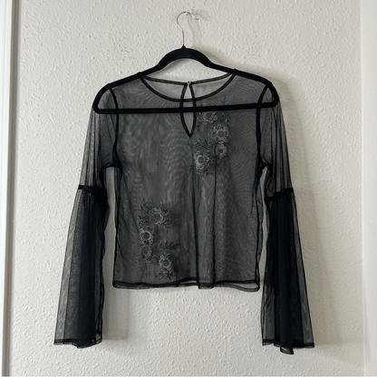 Embroidered Black Tulle Mesh Y2K Top Long Bell Sleeves 90s