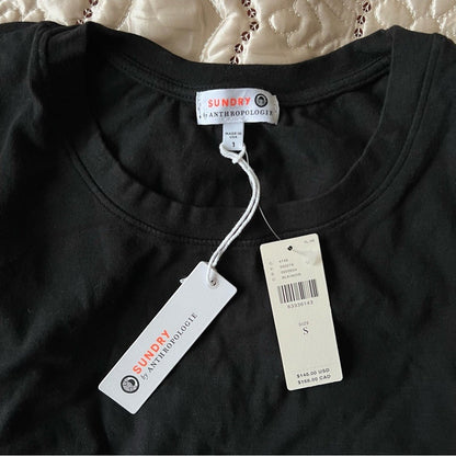 Anthropologie Sundry Shirred Mini Dress in Black NEW Size Small