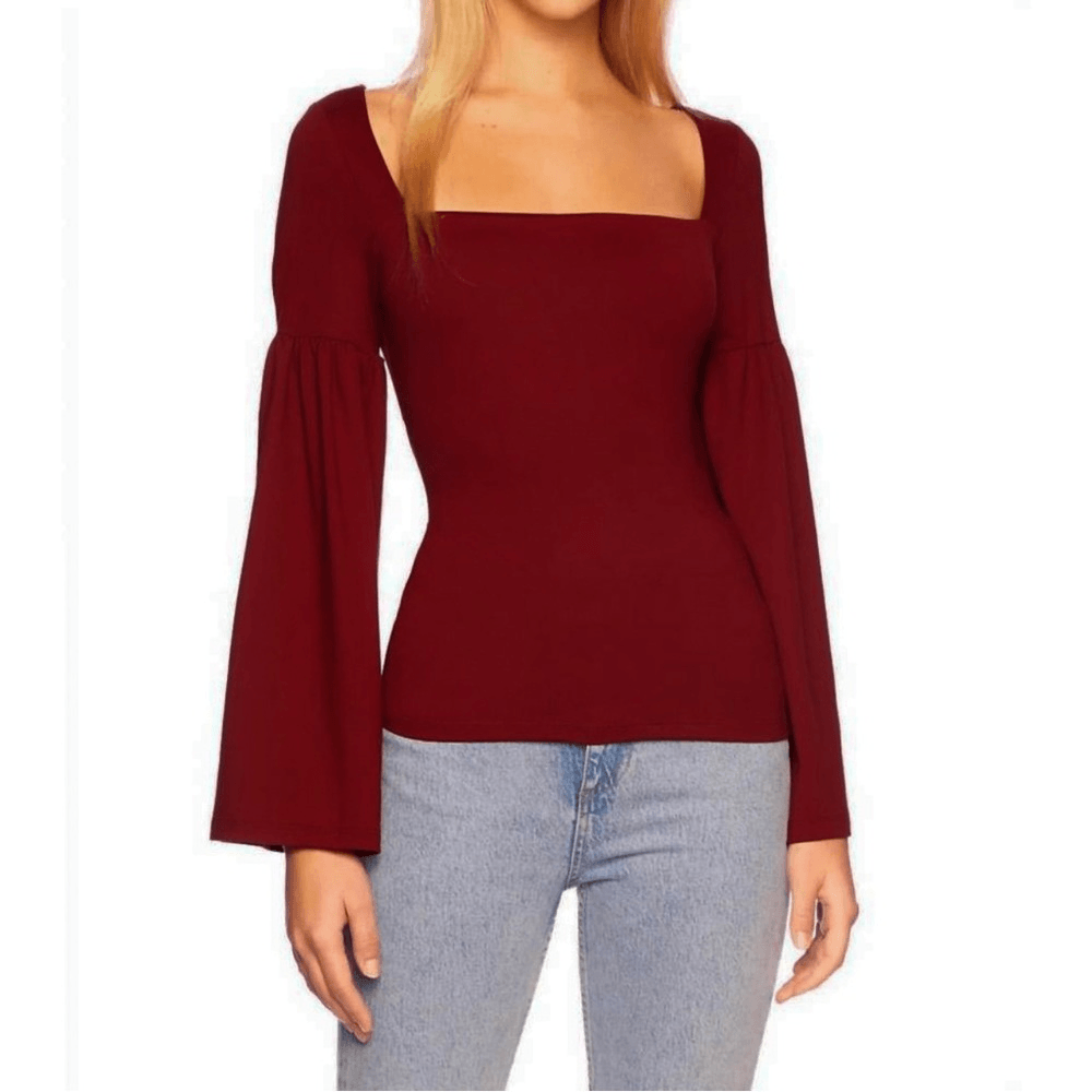 NEW Susana Monaco Bell Sleeve Square Neck Top Size Small in Vine / Burgundy