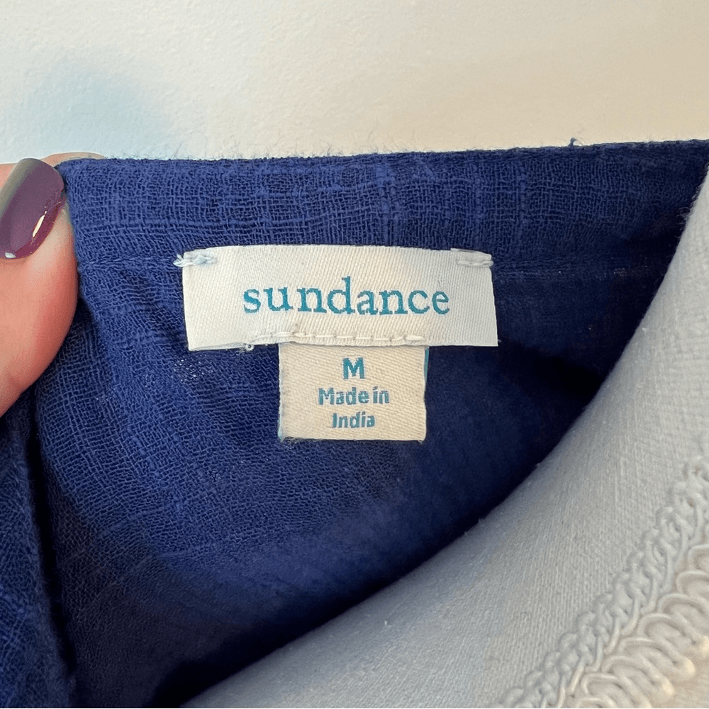 Sundance Gypsette Long Sleeve Crinkle Gauze Blouse in Blue Size Medium Tassel