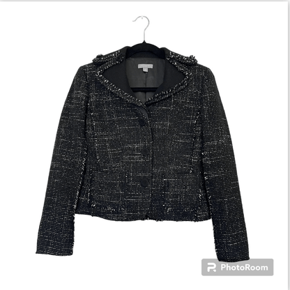Ann Taylor Wool Blend Tweed Black Fringed Blazer Jacket Size 2 Petites
