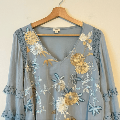 Anthropologie Tiny Frances Floral Long Sleeve Ruffle Blouse Blue Motif Size Larg