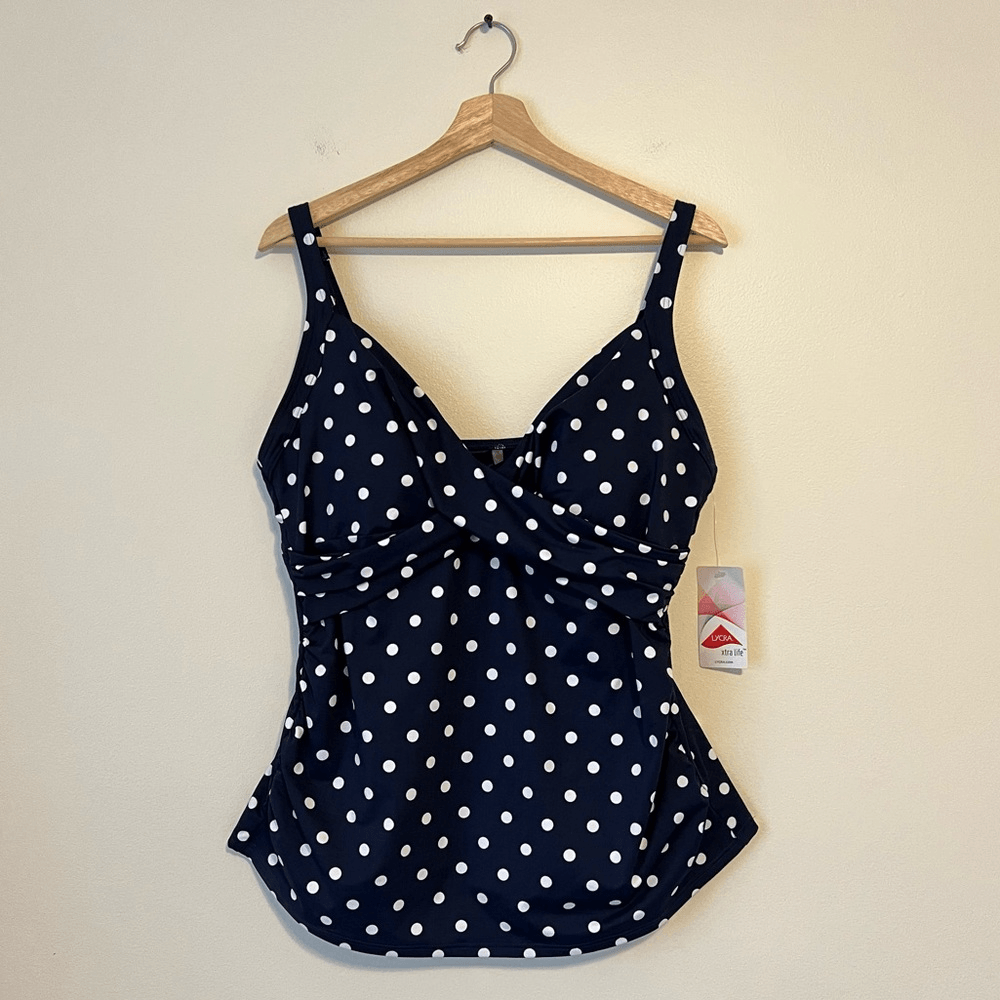 Lands' End Polka Dot Tankini Top Navy Blue NEW Size 16