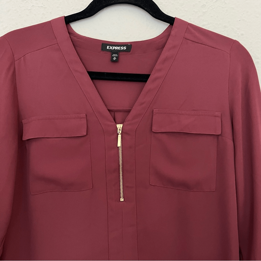 Express Long Sleeve V Neck Zip Front Shirt Blouse Size XS