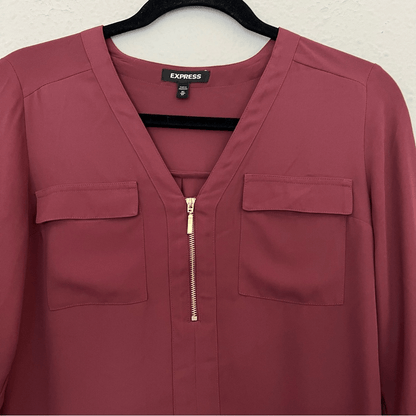 Express Long Sleeve V Neck Zip Front Shirt Blouse Size XS