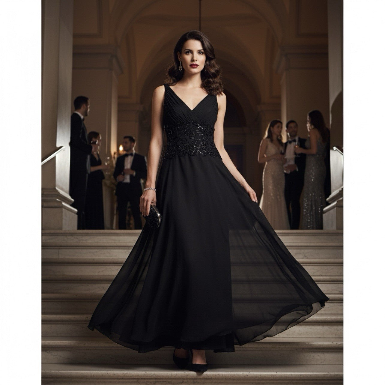 Tadashi Shoji Sequin 100% Silk Chiffon Gown Maxi Dress in Black Size 4