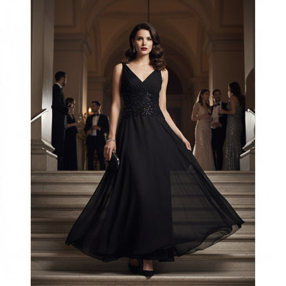 Tadashi Shoji Sequin 100% Silk Chiffon Gown Maxi Dress in Black Size 4