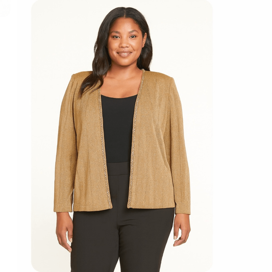 Alex Evenings Gold Shimmer Open Front Cardigan Jacket Plus Size 18 Beaded Trim