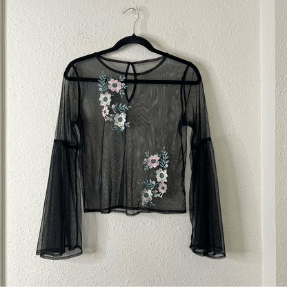 Embroidered Black Tulle Mesh Y2K Top Long Bell Sleeves 90s