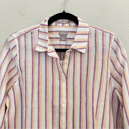 Chico’s Linen Metallic Striped Roll-Tab Button Front Shirt NEW Size 1