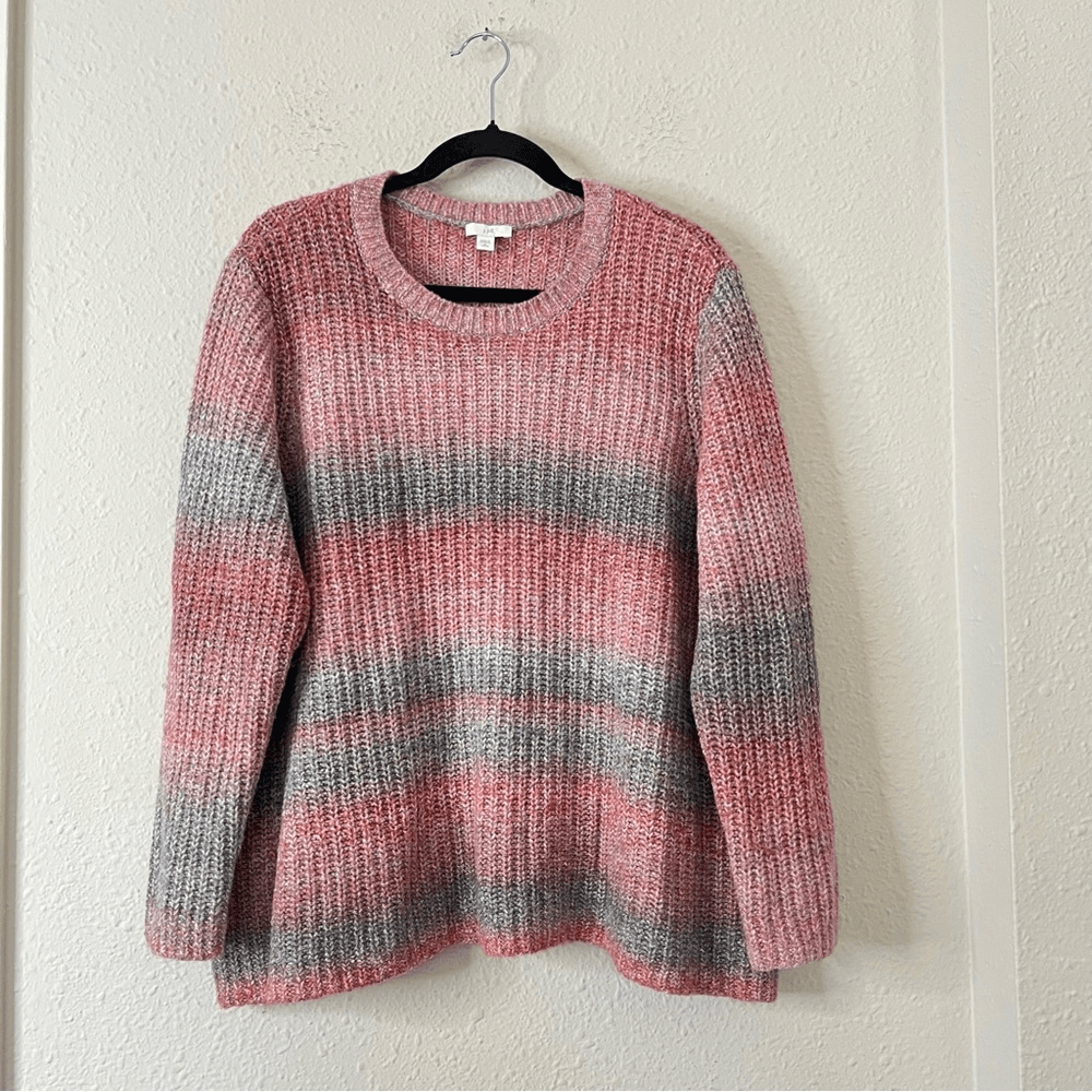 J. Jill Ombre Stripe Crewneck Sweater Wool Blend Size XL Petite Pink Gray Chunky