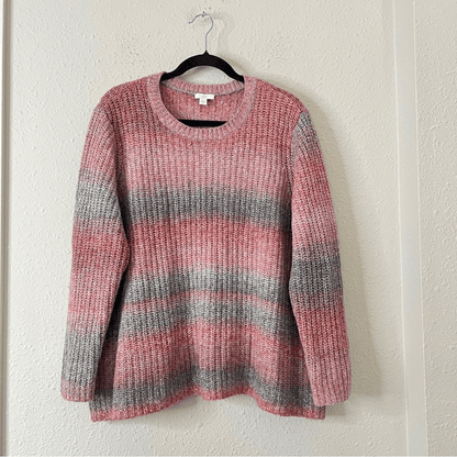 J. Jill Ombre Stripe Crewneck Sweater Wool Blend Size XL Petite Pink Gray Chunky
