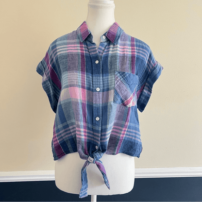 Rails Amelie Plaid Tie Front Button Down Shirt Size Large Short Sleeve