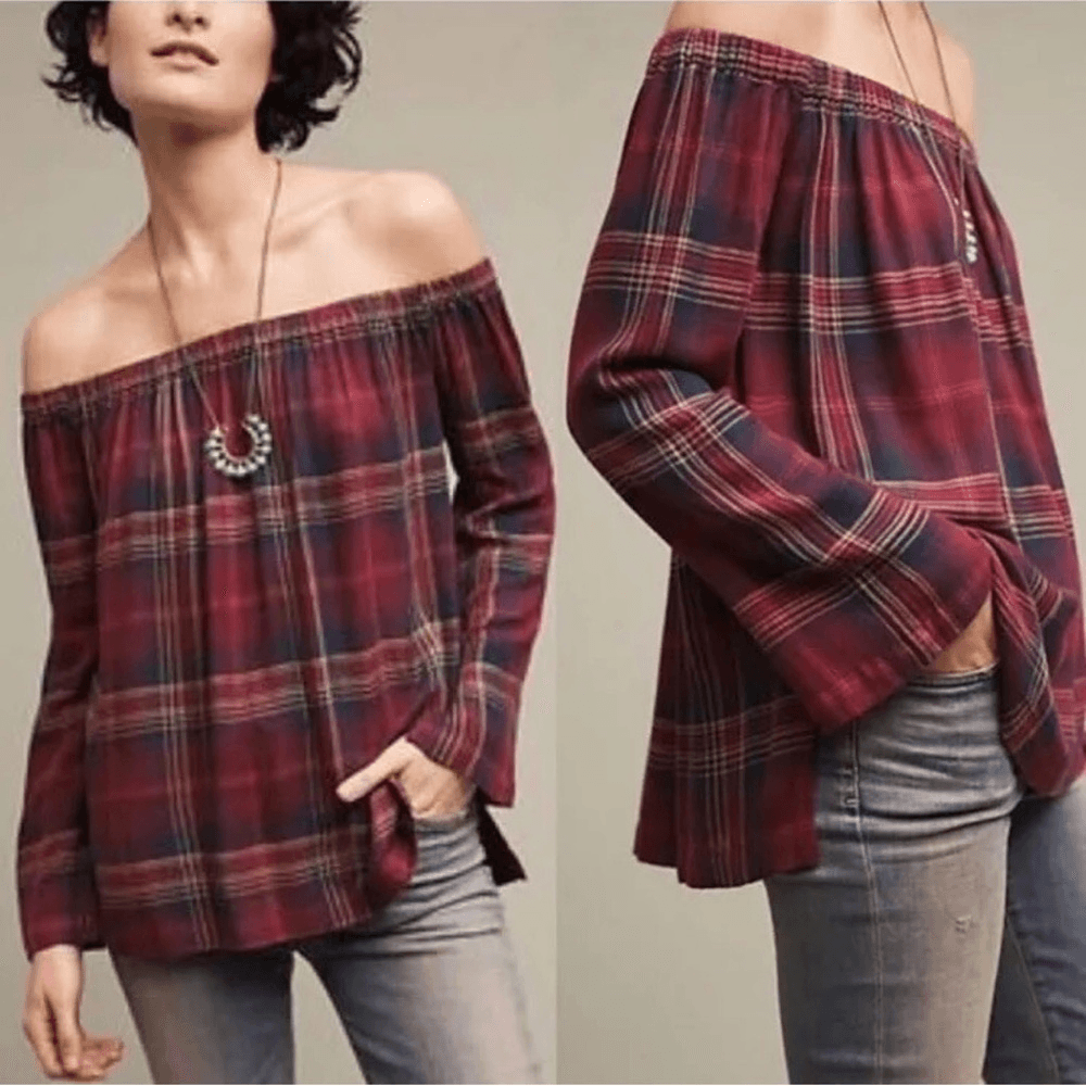 Anthropologie Cloth & Stone Homestead Plaid Off the Shoulder Top Small Burgundy