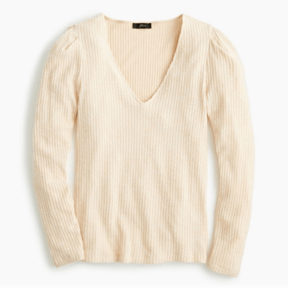 J. Crew Puff Sleeve V-Neck Soft Ribbed Long Sleeve Top NEW Size Large