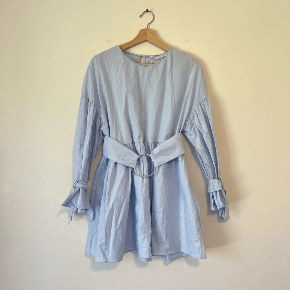 Zara Sky Blue Poplin Dress with Buckle Belt NEW Size Small Blogger Favorite