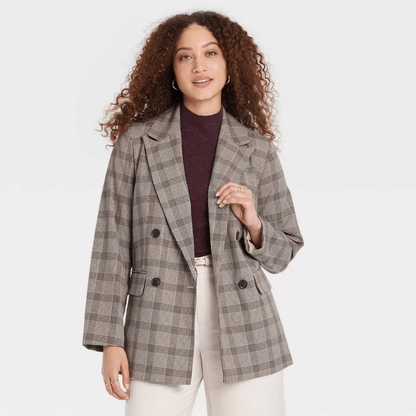 A New Day Plaid Blazer Jacket in Tan Size Medium Double Breasted Career Work