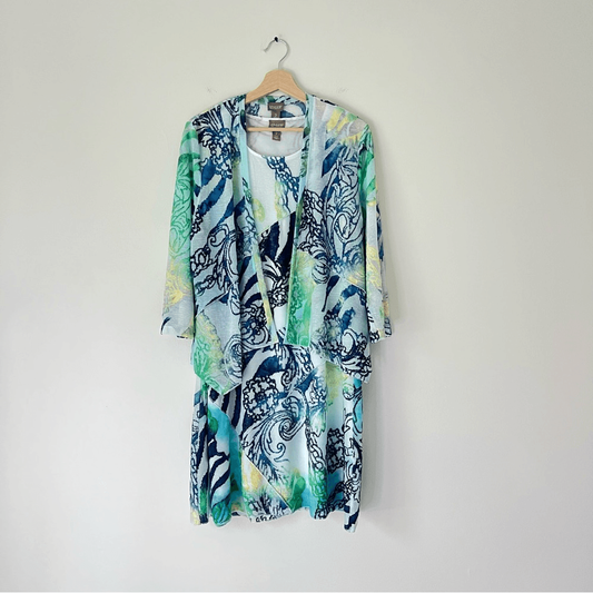 Chico's Blue and Green Patterned Mini Tunic Dress with Jacket Size 2 / L