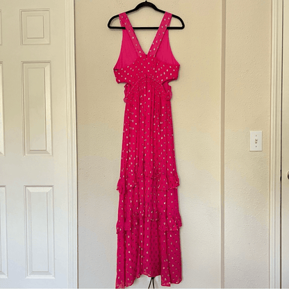 En Creme Pink Metallic Ruffled Maxi Dress Size Medium NEW