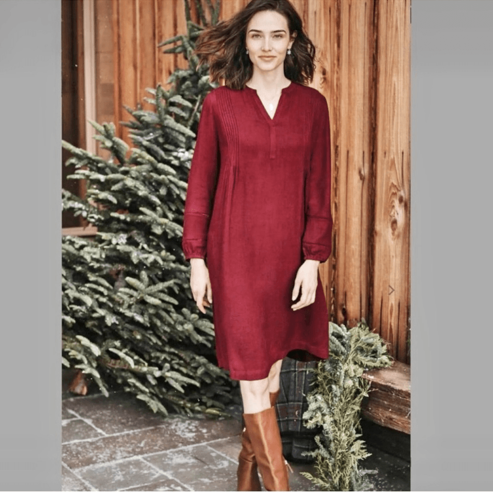 J. Jill Burgundy Brushed Twill Pintucked Mini Dress NEW Small Long Sleeve