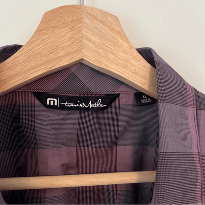 Travis Mathew Mens Short Sleeve Button Up Shirt Purple Check Print Size XL