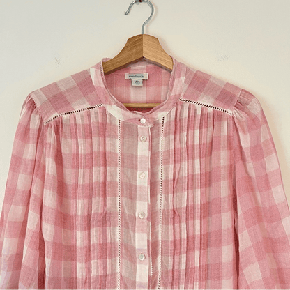 Sundance Risette Pink White Gingham Button Down Tie Sleeve Top Size XS