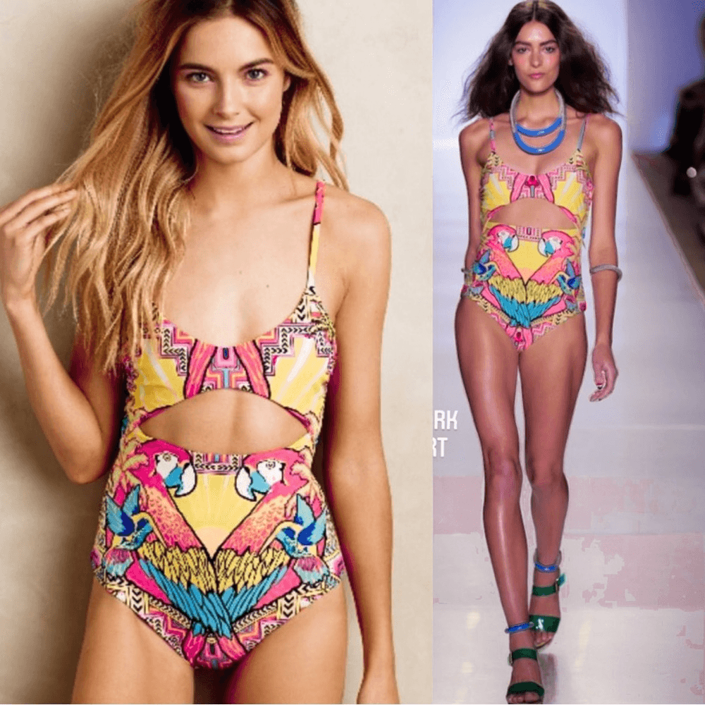 Mara Hoffman Parrot Tropical One Piece Swimsuit Size Large Cutout Pink Yellow