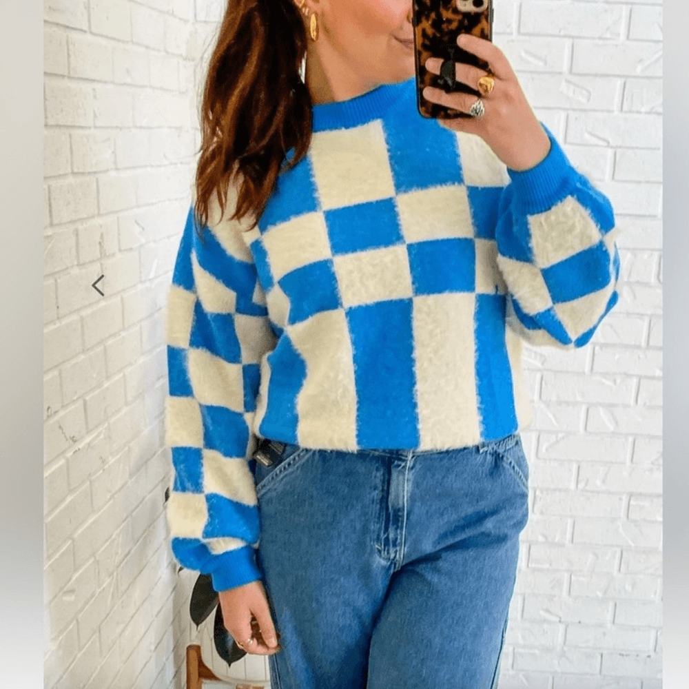 FRNCH Lio Cozy Fuzzy Sweater Blue White Abstract Colorblock Size Small