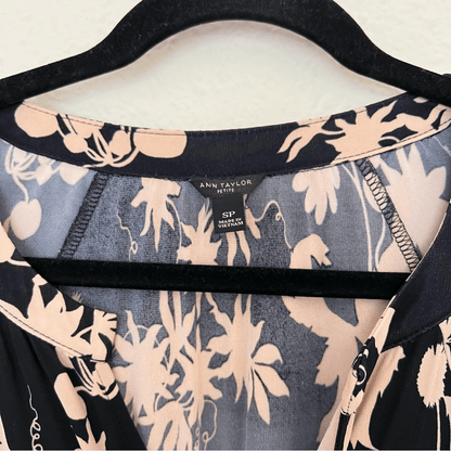 Ann Taylor Black Tan Floral Print Stretchy  Long Sleeve Blouse Top Size SP