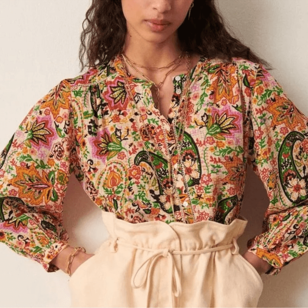 Ba&sh Bianca Long Sleeve Floral Blouse In Vert Small NEW Bohemian