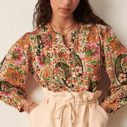 Ba&sh Bianca Long Sleeve Floral Blouse In Vert Small NEW Bohemian