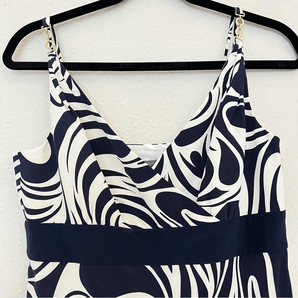 Ann Taylor  100% Silk Navy Blue White Abstract Spaghetti Strap Silk Dress Size 4