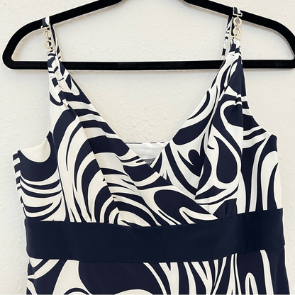 Ann Taylor  100% Silk Navy Blue White Abstract Spaghetti Strap Silk Dress Size 4