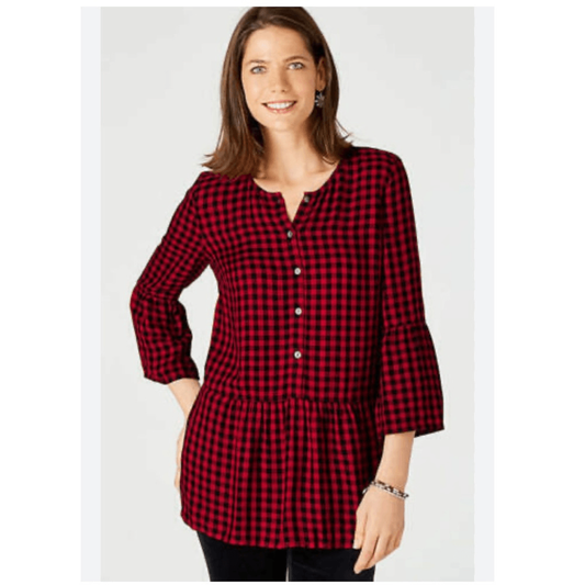 J. Jill Buffalo Check Tunic Top Red Black Size Medium Gingham Plaid Holiday