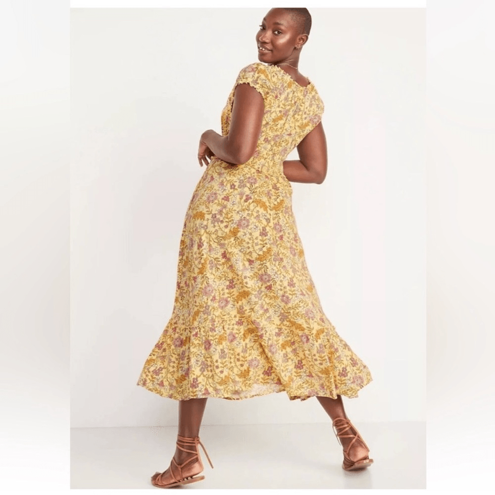Old Navy Waist-Defined Short-Sleeve Printed Midi Dress in Yellow Floral NEW 2X