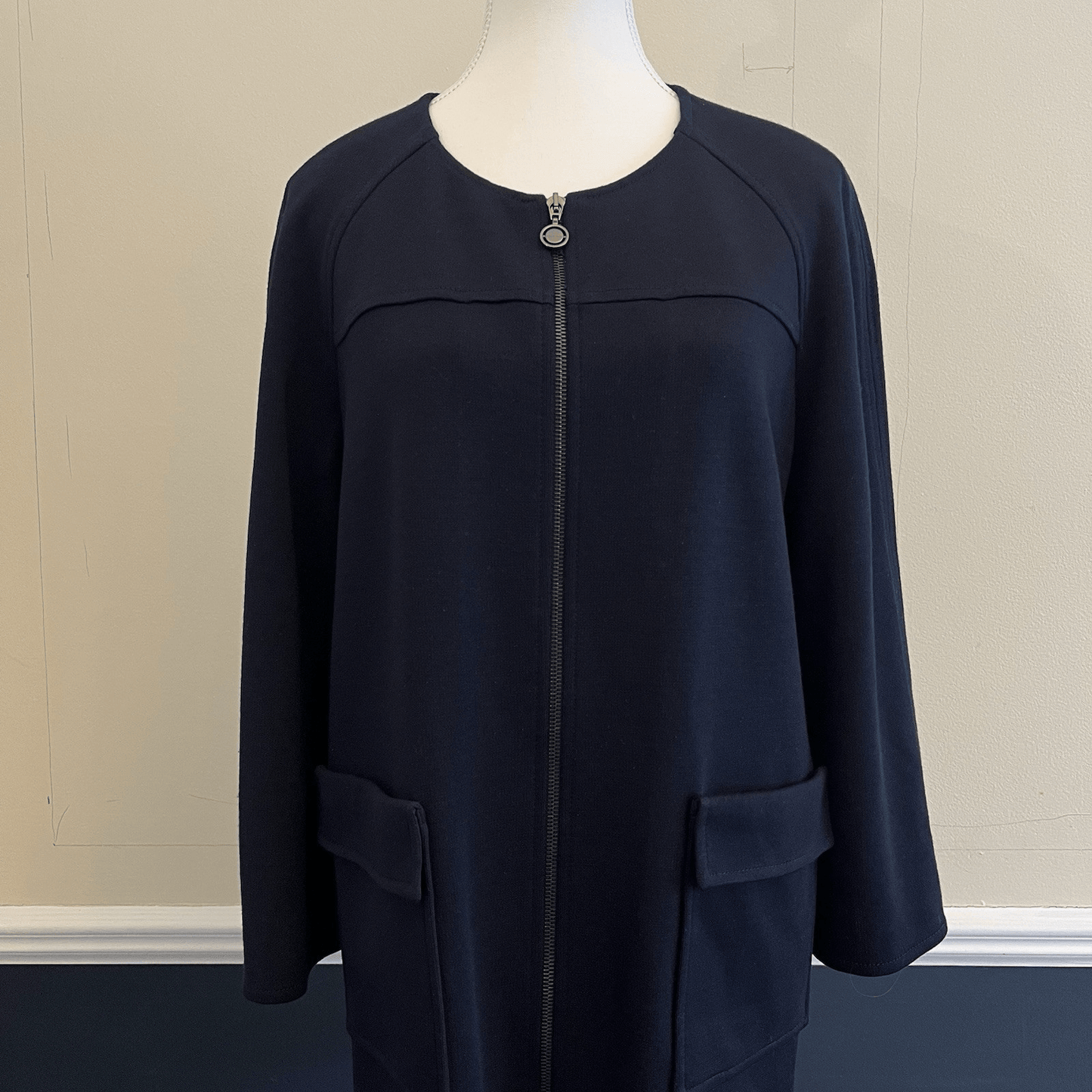 St. John Navy Blue Wool Blend Full Zip 3/4 Sleeve Knit Jacket Blazer Size Large