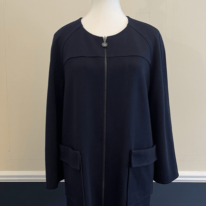 St. John Navy Blue Wool Blend Full Zip 3/4 Sleeve Knit Jacket Blazer Size Large