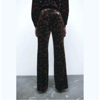 Zara The Charlotte Wide Leg Flare Floral Velvet Trouser  Pants Size Small